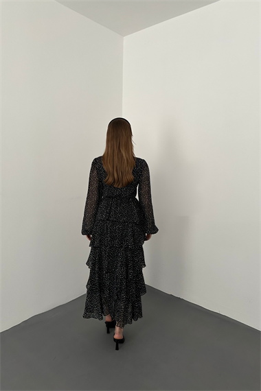 Siyah Puantiyeli Şifon Kat Elbise