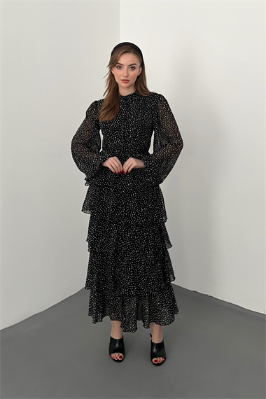 Siyah Puantiyeli Şifon Kat Elbise