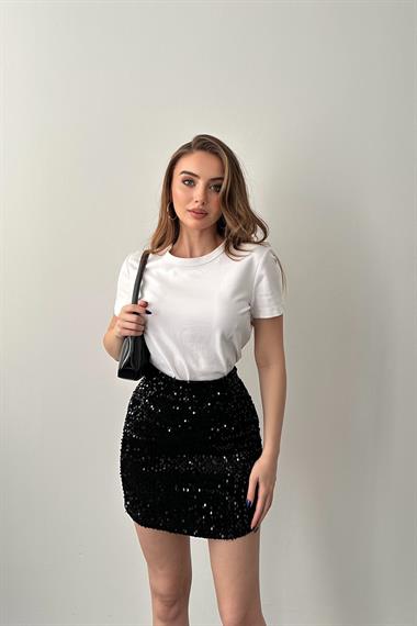 Siyah Pul Payetli Kısa Etek