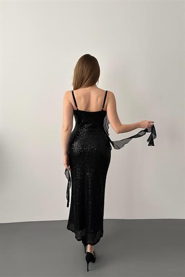 Siyah Pul Payetli Şifon Fırfırlı Elbise