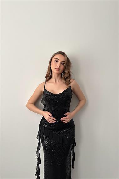 Siyah Pul Payetli Şifon Fırfırlı Elbise