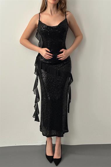 Siyah Pul Payetli Şifon Fırfırlı Elbise