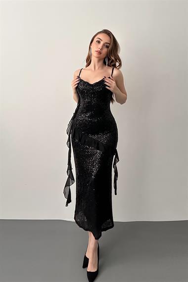 Siyah Pul Payetli Şifon Fırfırlı Elbise