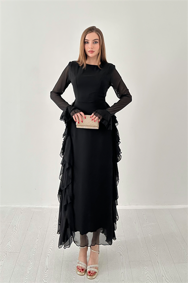 Siyah Volanlı Şifon Elbise