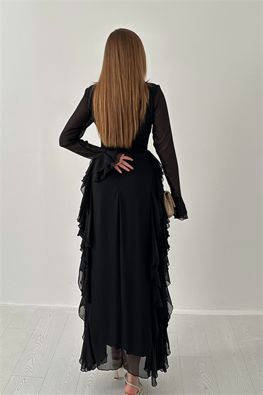Siyah Volanlı Şifon Elbise