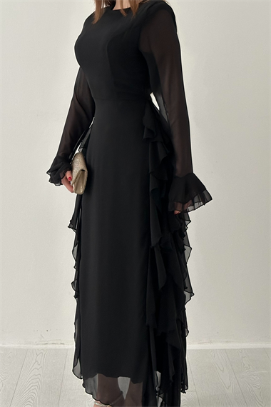 Siyah Volanlı Şifon Elbise