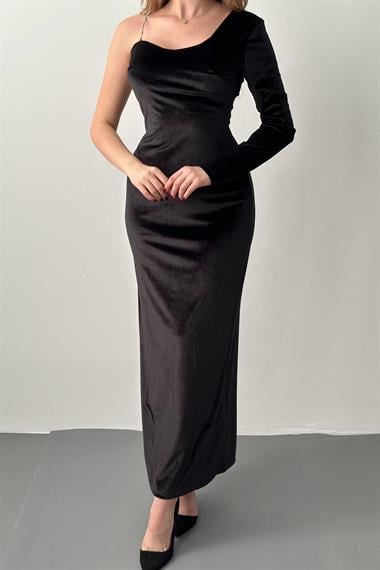 Siyah Tek Omuzlu Taş Askılı Elbise