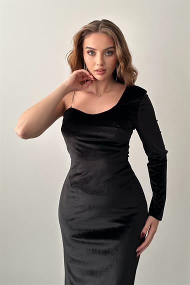 Siyah Tek Omuzlu Taş Askılı Elbise