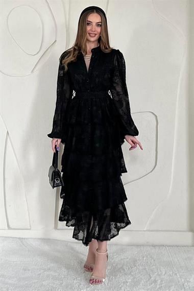 Siyah Volanlı Şeritli Kat Kat Elbise