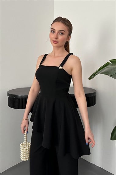 Siyah Volanlı Bluz Ve Pantolon Takım