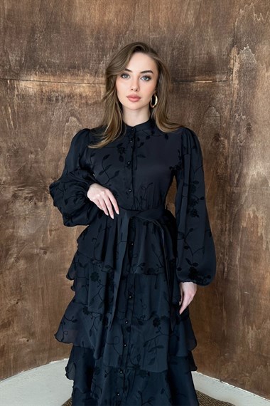 Siyah Volanlı Kat Kat Elbise