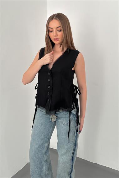 Siyah Yanları Bağcıklı Yelek