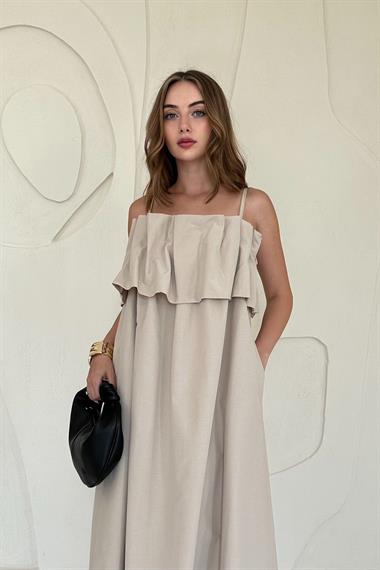 Bej Spagetti Yaka Önü Pileleli Elbise
