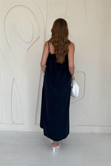 Lacivert Spagetti Yaka Önü Pileleli Elbise