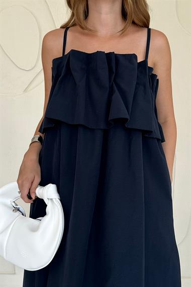 Lacivert Spagetti Yaka Önü Pileleli Elbise