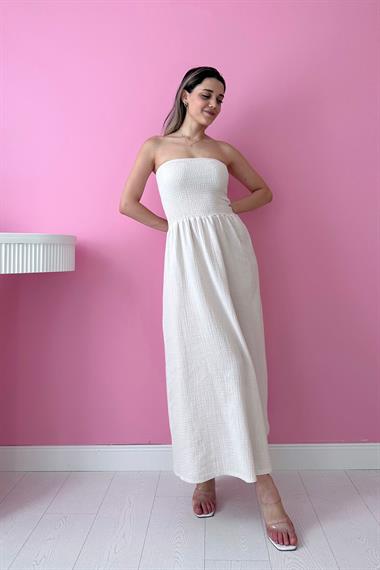 Bej Straplez Gipeli Elbise