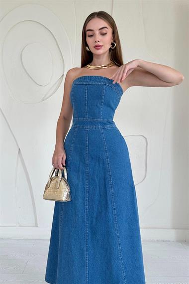 Mavi Straplez Maxi Kot Elbise