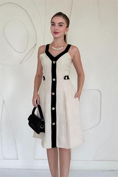 Bej Süs Cepli Askılı Elbise