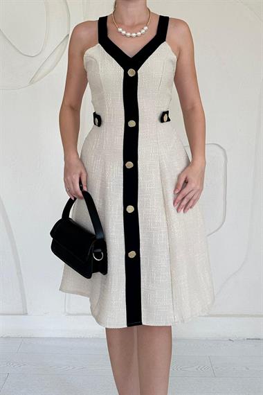 Bej Süs Cepli Askılı Elbise