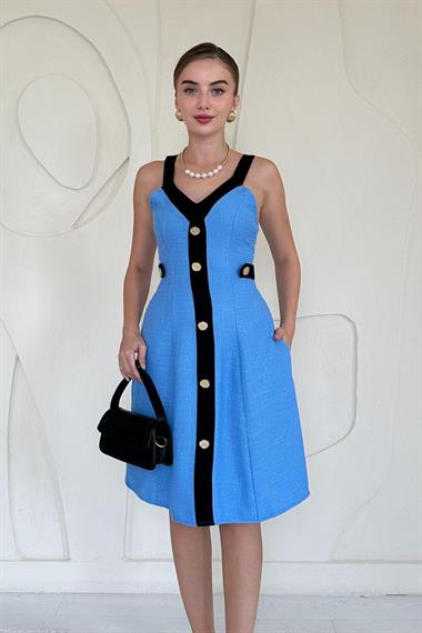Mavi Süs Cepli Askılı Elbise
