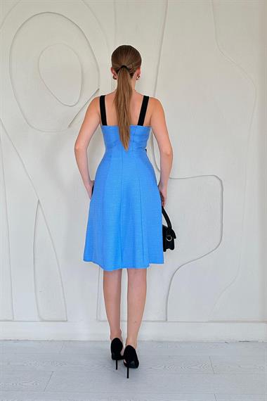 Mavi Süs Cepli Askılı Elbise