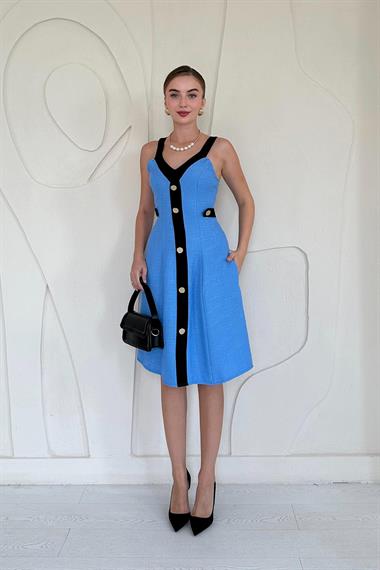Mavi Süs Cepli Askılı Elbise