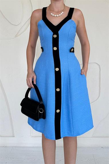 Mavi Süs Cepli Askılı Elbise