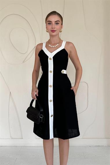 Siyah Süs Cepli Askılı Elbise