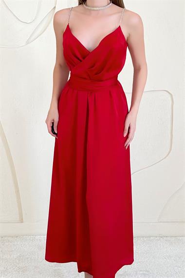 Kırmızı Taş Askılı Prenses Elbise