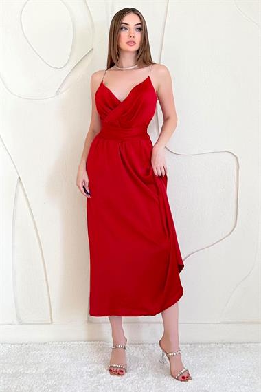 Kırmızı Taş Askılı Prenses Elbise