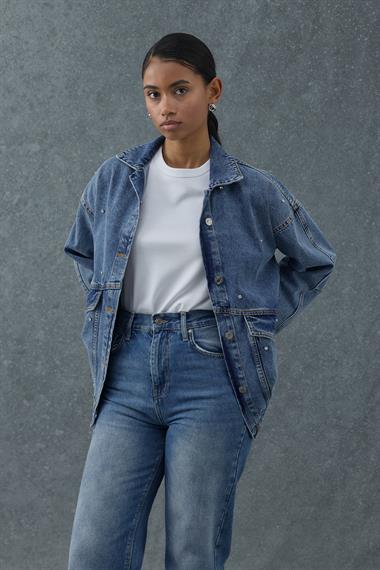 Mavi Taşlı Kot Ceket