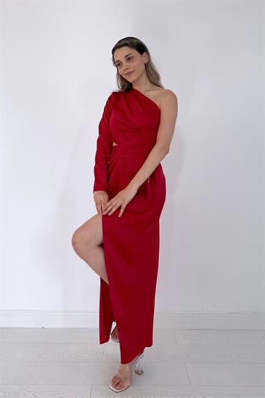 Kırmızı Tek Kol Saten Abiye