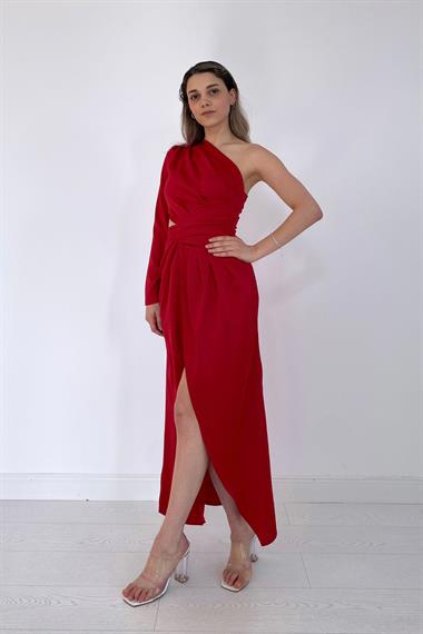 Kırmızı Tek Kol Saten Abiye