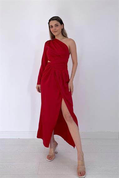 Kırmızı Tek Kol Saten Abiye