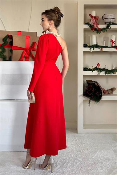 Kırmızı Tek Kollu Gül Detaylı Elbise