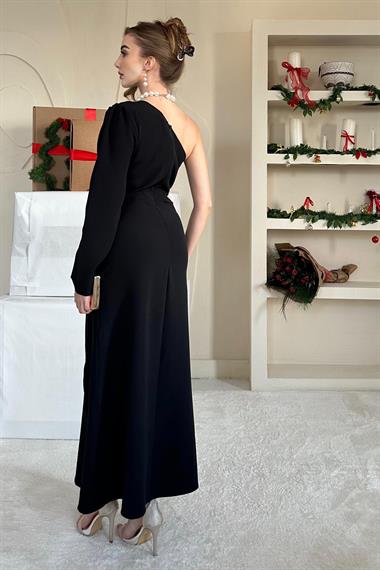 Siyah Tek Kollu Gül Detaylı Elbise