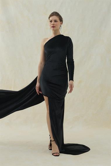 Siyah Tek Omuz Detaylı Kadife Elbise