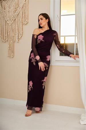 Mor Tek Omuz Tül Elbise