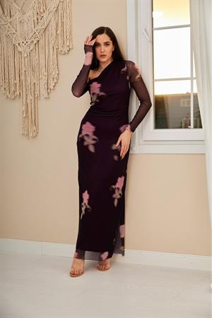 Mor Tek Omuz Tül Elbise