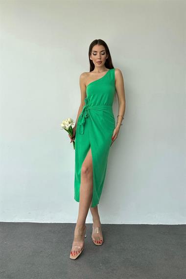 Yeşil Tek Omuzlu Belden Bağlamalı Elbise
