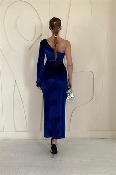 Saks Tek Omuzlu Taş Askılı Elbise