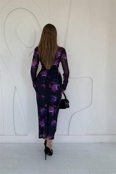 Siyah Transparan Desenli Elbise