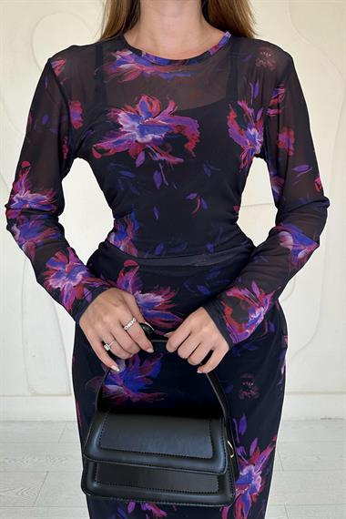 Siyah Transparan Desenli Elbise