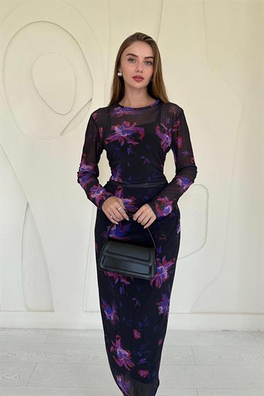 Siyah Transparan Desenli Elbise