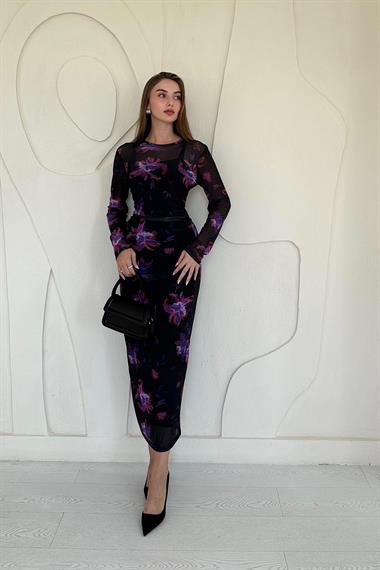 Siyah Transparan Desenli Elbise