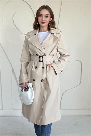Bej Uzun Kemerli Trençkot