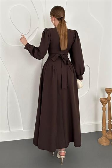 Kahverengi Uzun Kollu Kloş Elbise