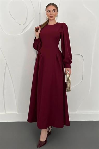 Bordo Uzun Kollu Kloş Elbise