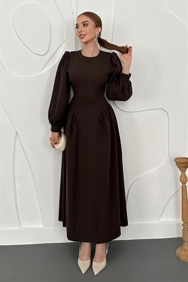 Kahverengi Uzun Kollu Kloş Elbise