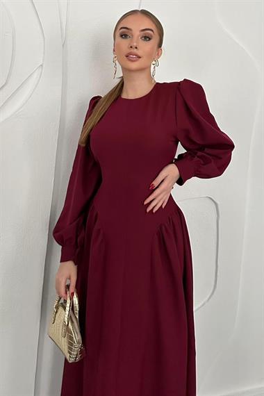 Bordo Uzun Kollu Kloş Elbise